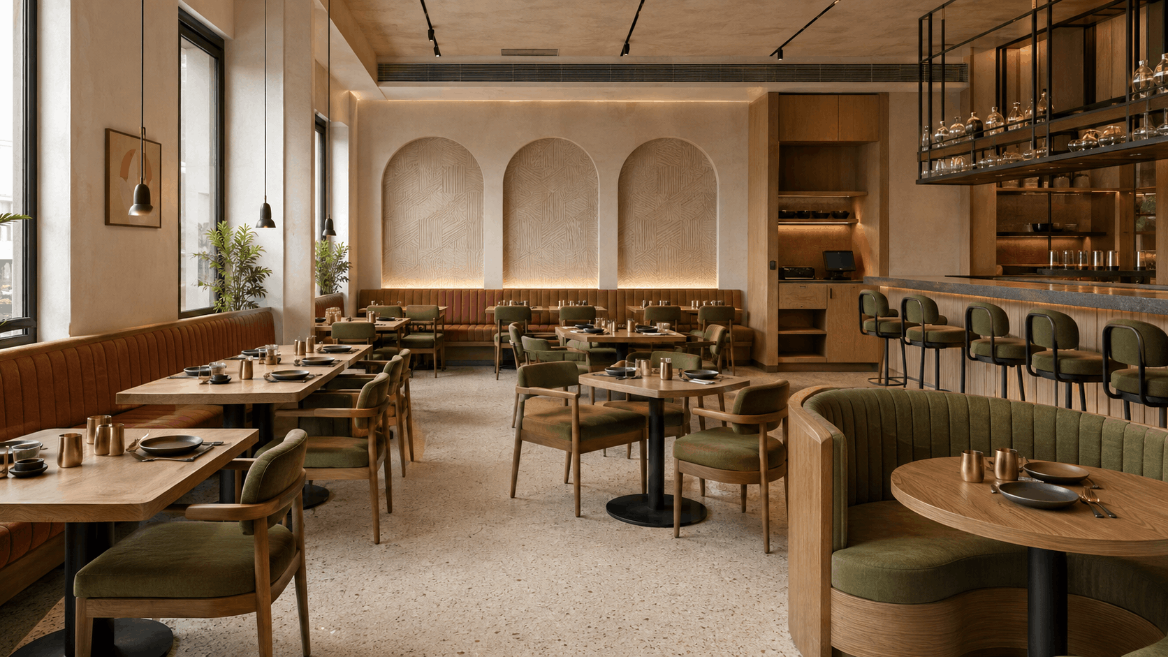 Restaurant dining room with wood tables, green upholstered chairs, channel-tufted booth seating, and a bar counter with stools